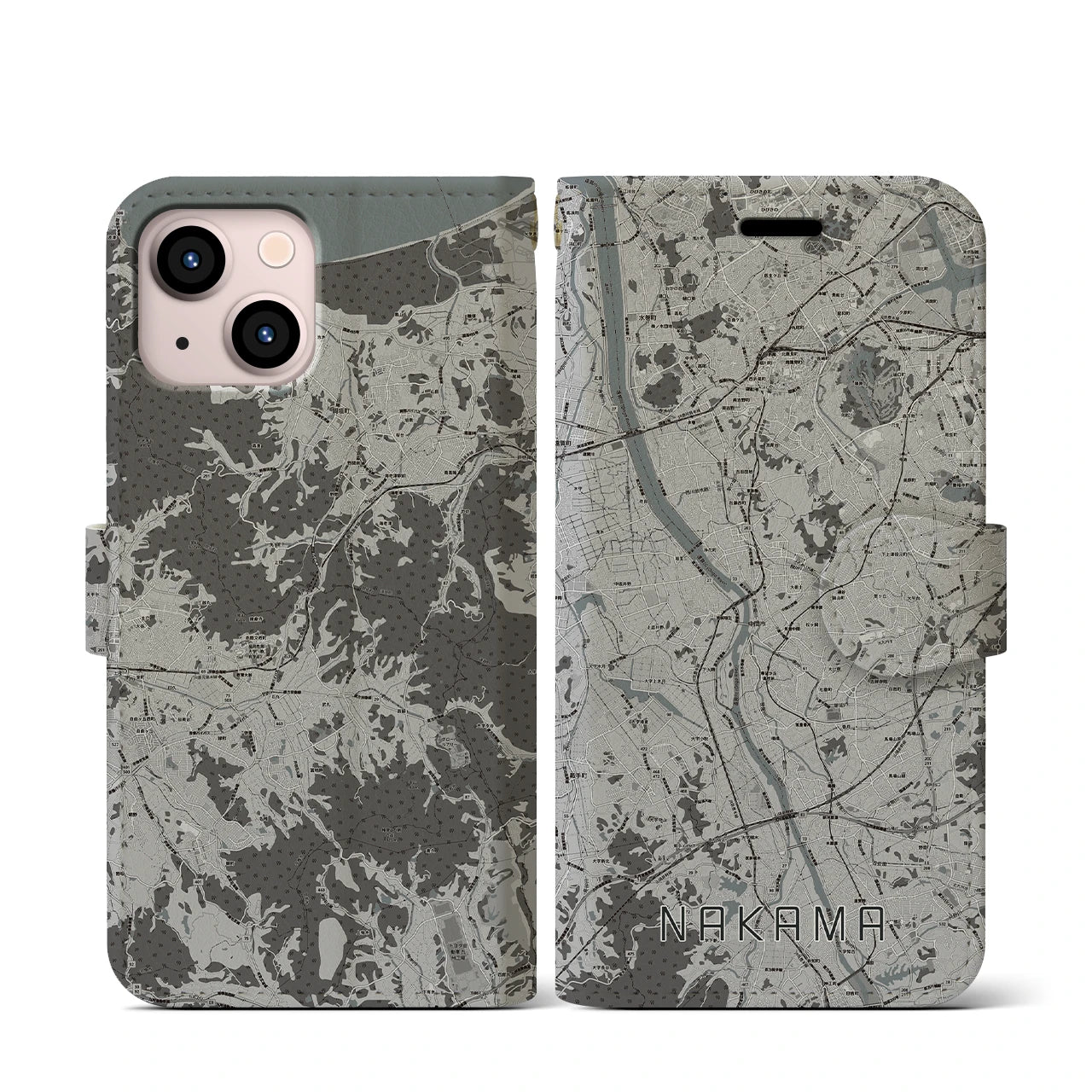 【中間(福岡県)】地図柄iPhoneケース(手帳タイプ)モノトーン・iPhone 13 mini 用