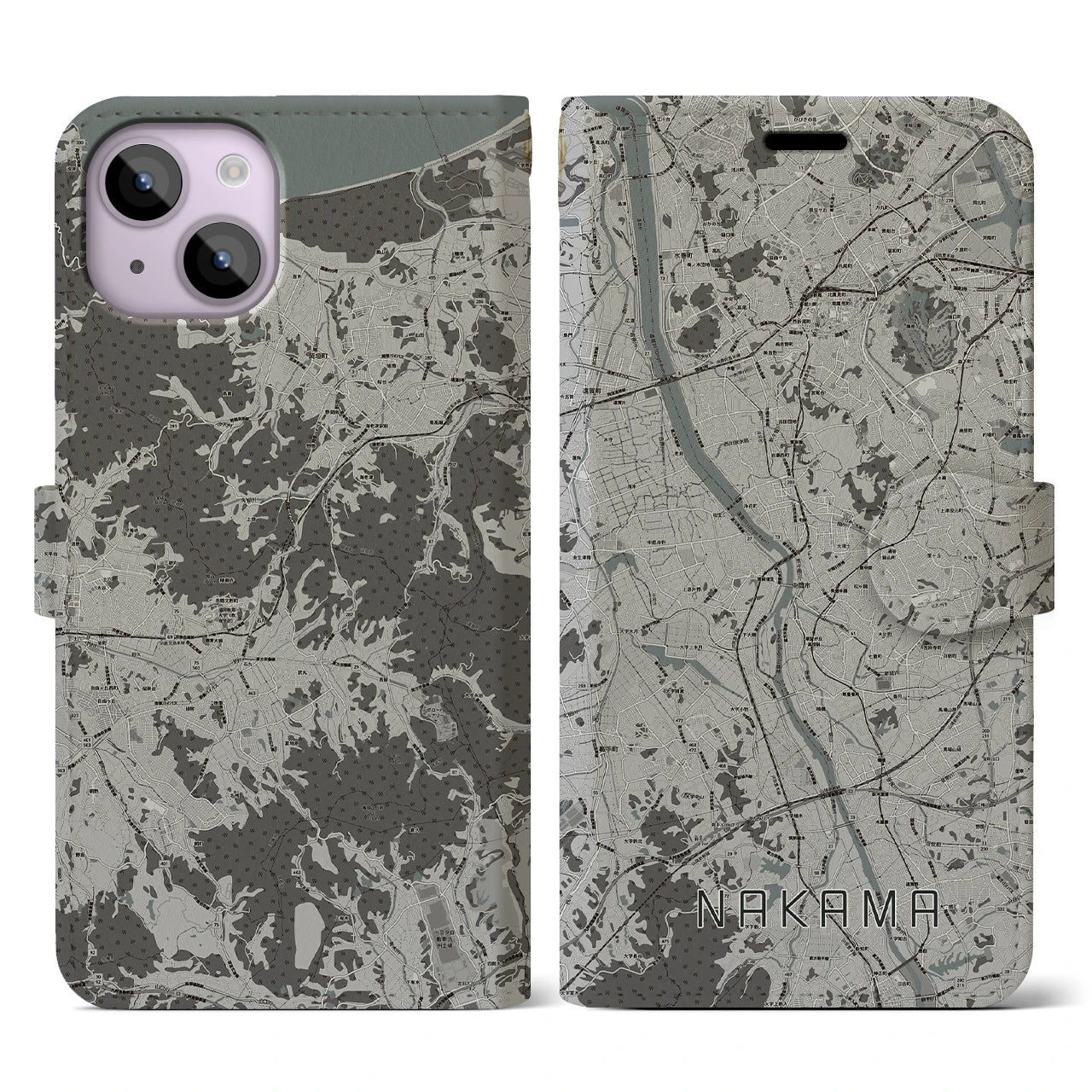 【中間(福岡県)】地図柄iPhoneケース(手帳タイプ)モノトーン・iPhone 14 用