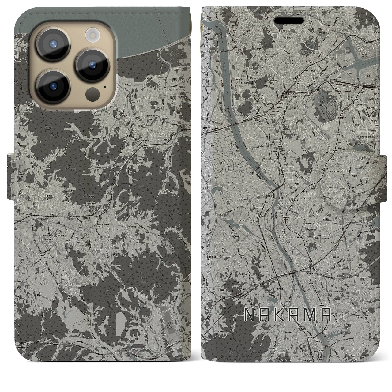 【中間(福岡県)】地図柄iPhoneケース(手帳タイプ)モノトーン・iPhone 14 Pro Max 用