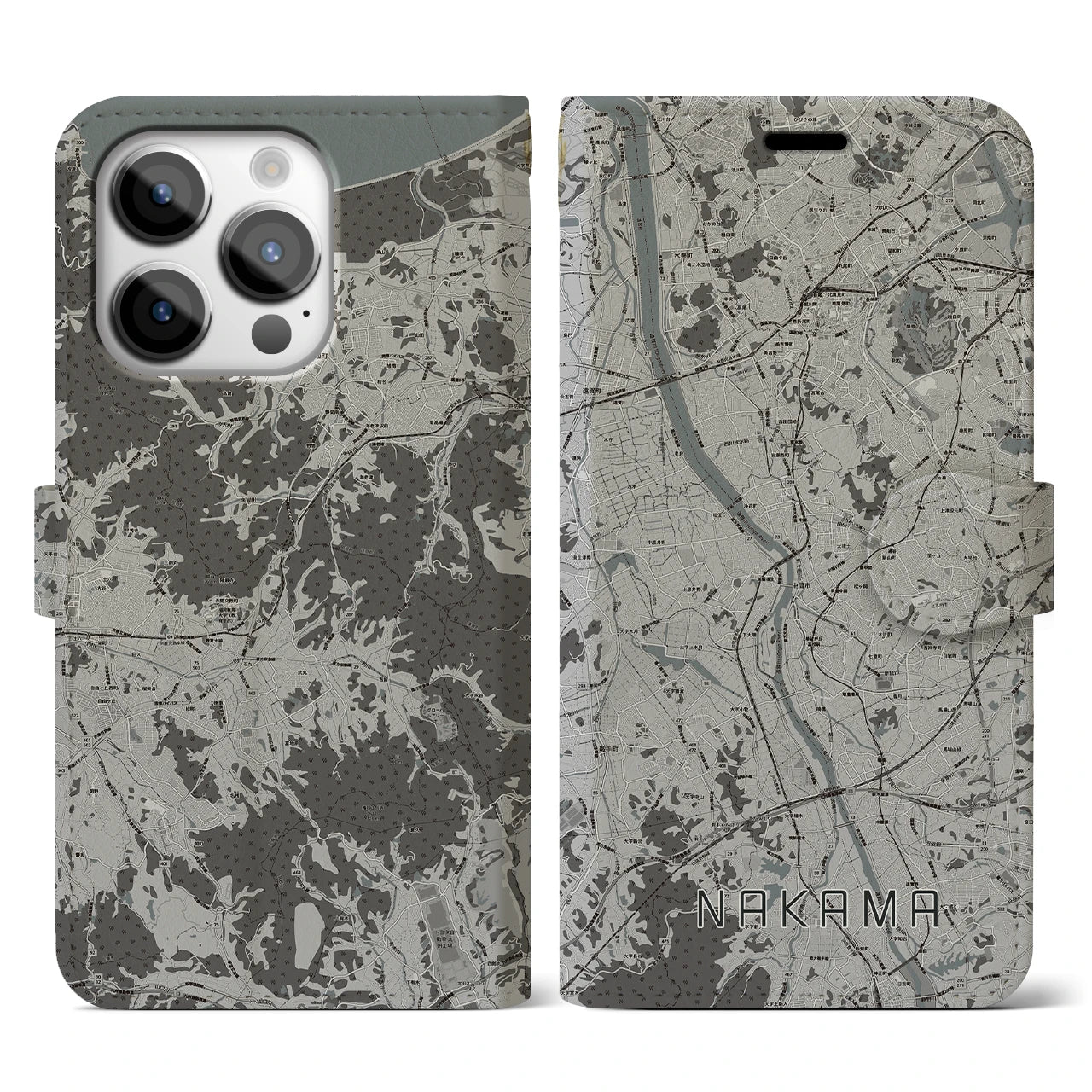 【中間(福岡県)】地図柄iPhoneケース(手帳タイプ)モノトーン・iPhone 14 Pro 用