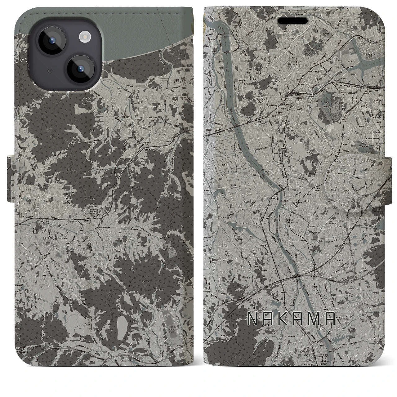 【中間(福岡県)】地図柄iPhoneケース(手帳タイプ)モノトーン・iPhone 14 Plus 用