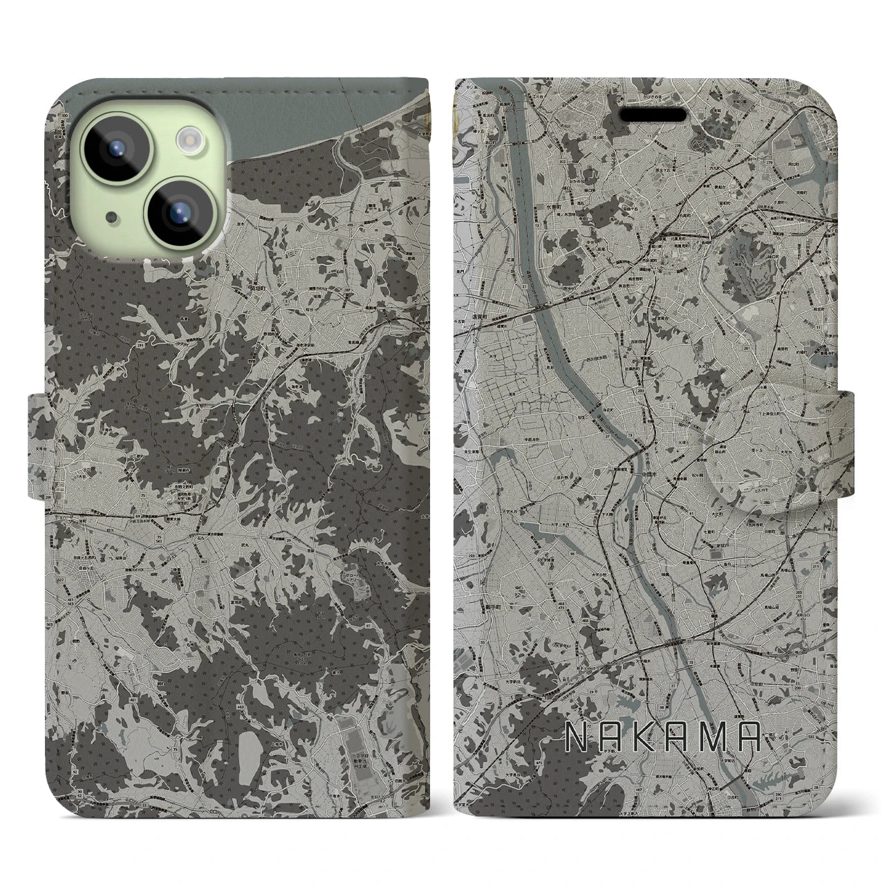【中間(福岡県)】地図柄iPhoneケース(手帳タイプ)モノトーン・iPhone 15 用