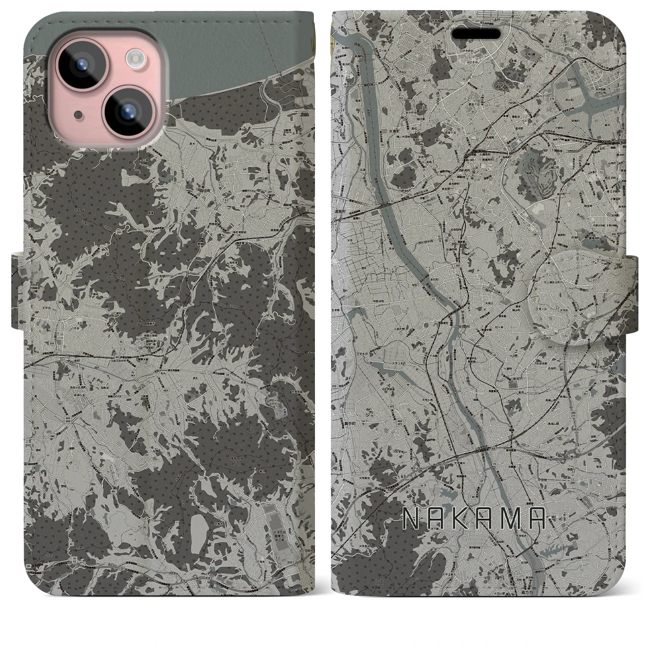【中間(福岡県)】地図柄iPhoneケース(手帳タイプ)モノトーン・iPhone 15 Plus 用