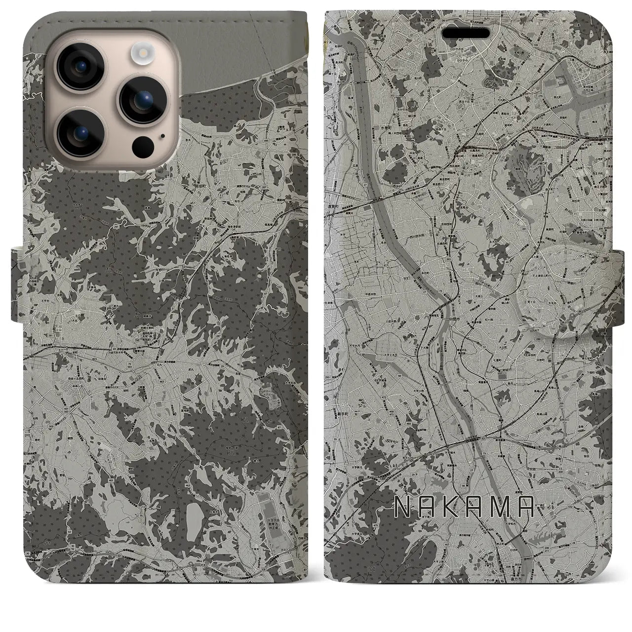 【中間(福岡県)】地図柄iPhoneケース(手帳タイプ)モノトーン・iPhone 16 Plus 用