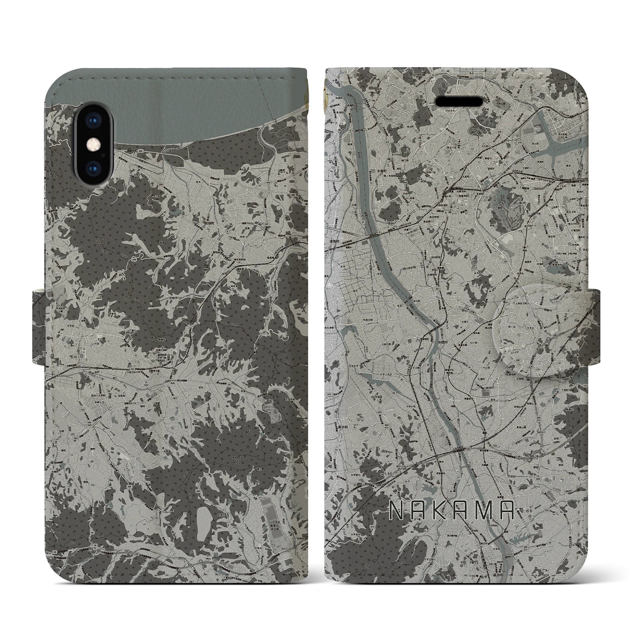 【中間(福岡県)】地図柄iPhoneケース(手帳タイプ)モノトーン・iPhone XS / X 用