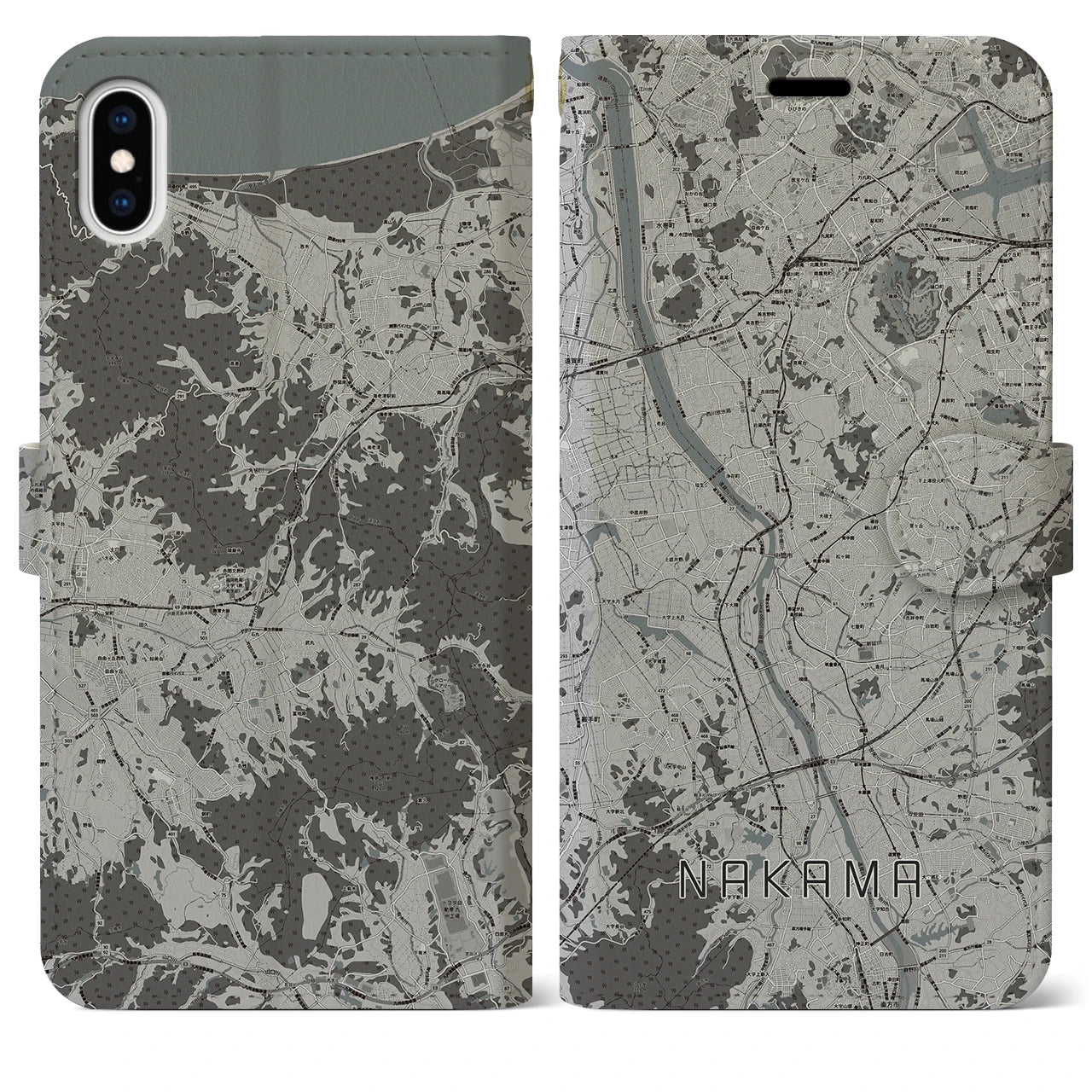 【中間(福岡県)】地図柄iPhoneケース(手帳タイプ)モノトーン・iPhone XS Max 用