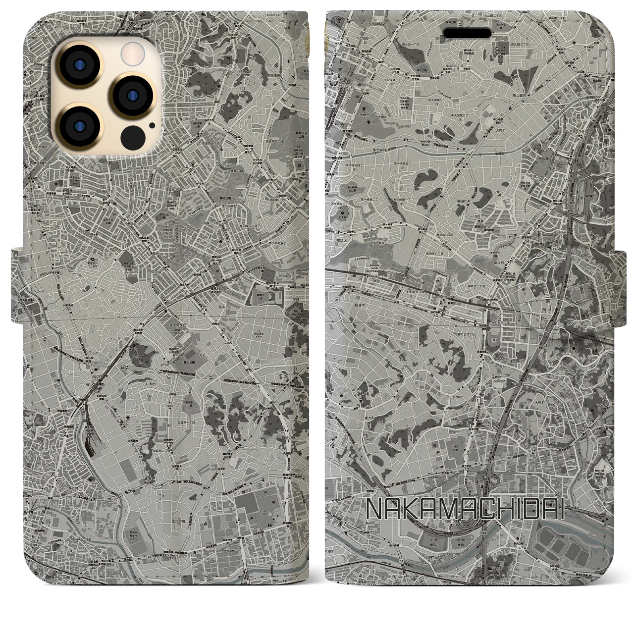 【仲町台(神奈川県)】地図柄iPhoneケース(手帳タイプ)モノトーン・iPhone 12 Pro Max 用