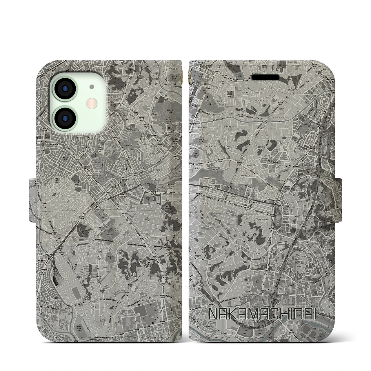 【仲町台(神奈川県)】地図柄iPhoneケース(手帳タイプ)モノトーン・iPhone 12 mini 用