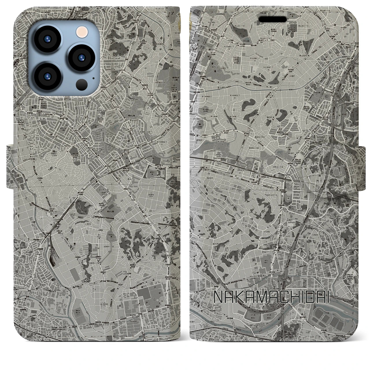 【仲町台(神奈川県)】地図柄iPhoneケース(手帳タイプ)モノトーン・iPhone 13 Pro Max 用