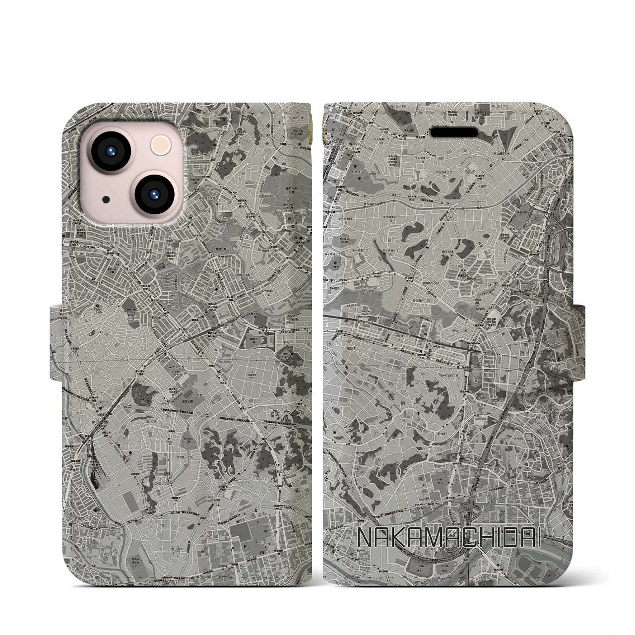【仲町台(神奈川県)】地図柄iPhoneケース(手帳タイプ)モノトーン・iPhone 13 mini 用