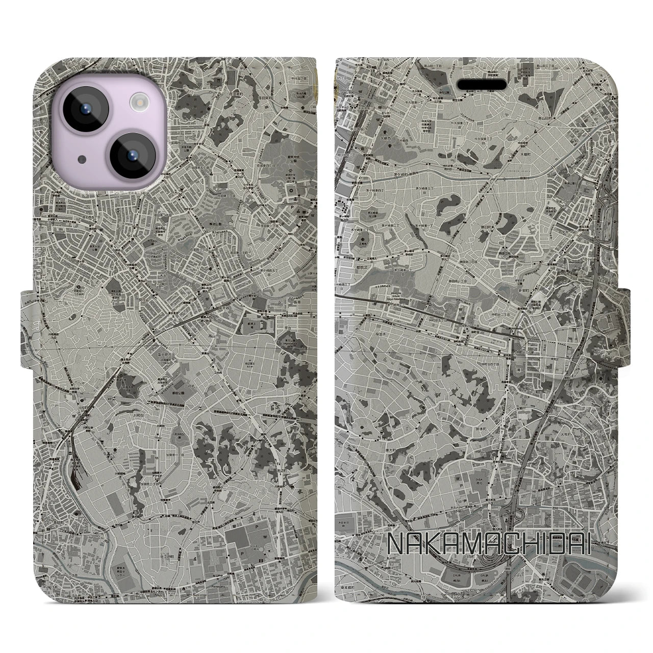 【仲町台(神奈川県)】地図柄iPhoneケース(手帳タイプ)モノトーン・iPhone 14 用