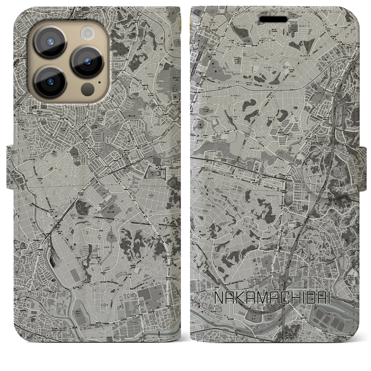 【仲町台(神奈川県)】地図柄iPhoneケース(手帳タイプ)モノトーン・iPhone 14 Pro Max 用