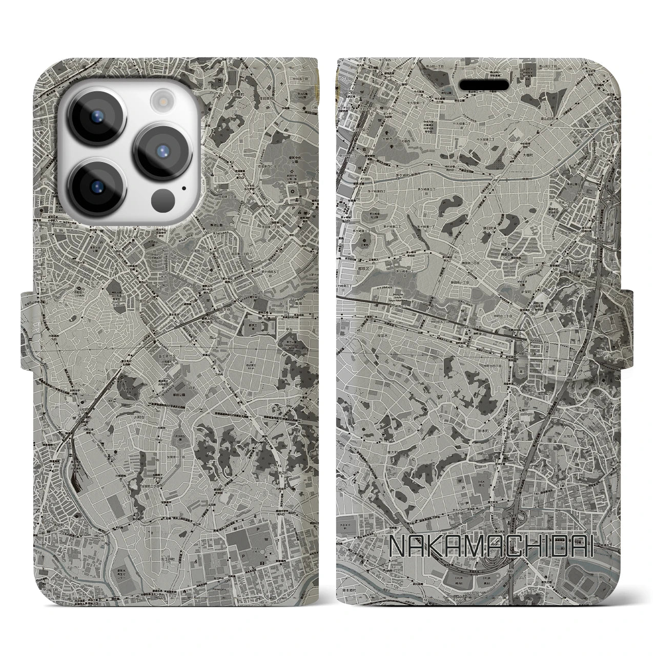 【仲町台(神奈川県)】地図柄iPhoneケース(手帳タイプ)モノトーン・iPhone 14 Pro 用