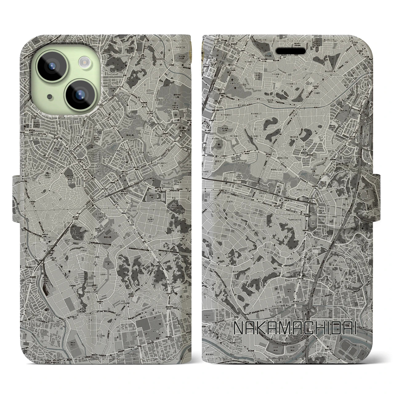 【仲町台(神奈川県)】地図柄iPhoneケース(手帳タイプ)モノトーン・iPhone 15 用