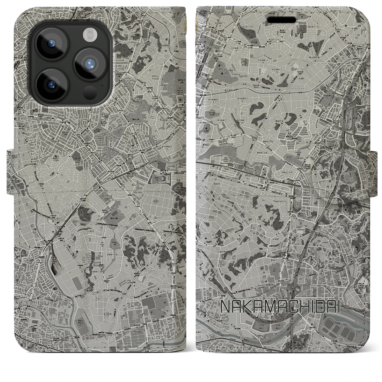 【仲町台(神奈川県)】地図柄iPhoneケース(手帳タイプ)モノトーン・iPhone 15 Pro Max 用
