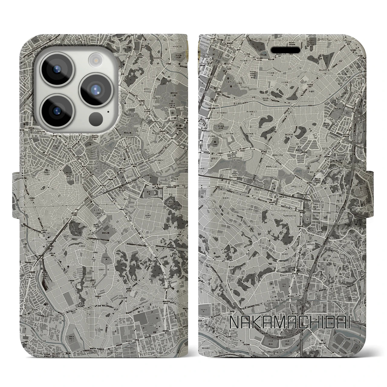 【仲町台(神奈川県)】地図柄iPhoneケース(手帳タイプ)モノトーン・iPhone 15 Pro 用
