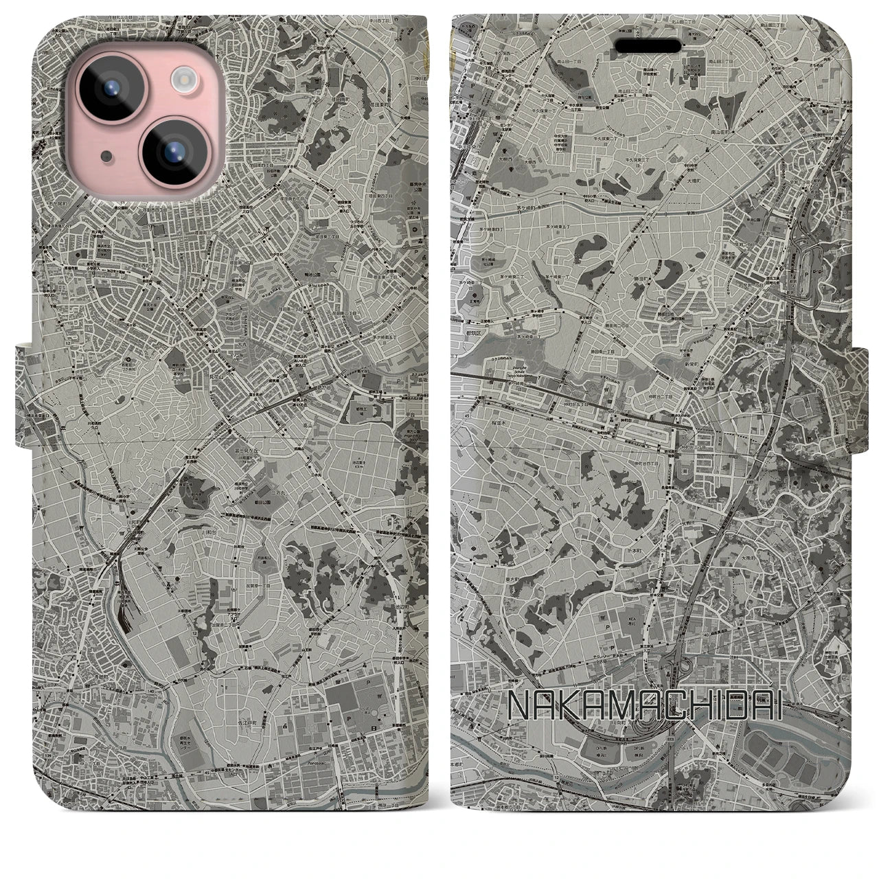 【仲町台(神奈川県)】地図柄iPhoneケース(手帳タイプ)モノトーン・iPhone 15 Plus 用