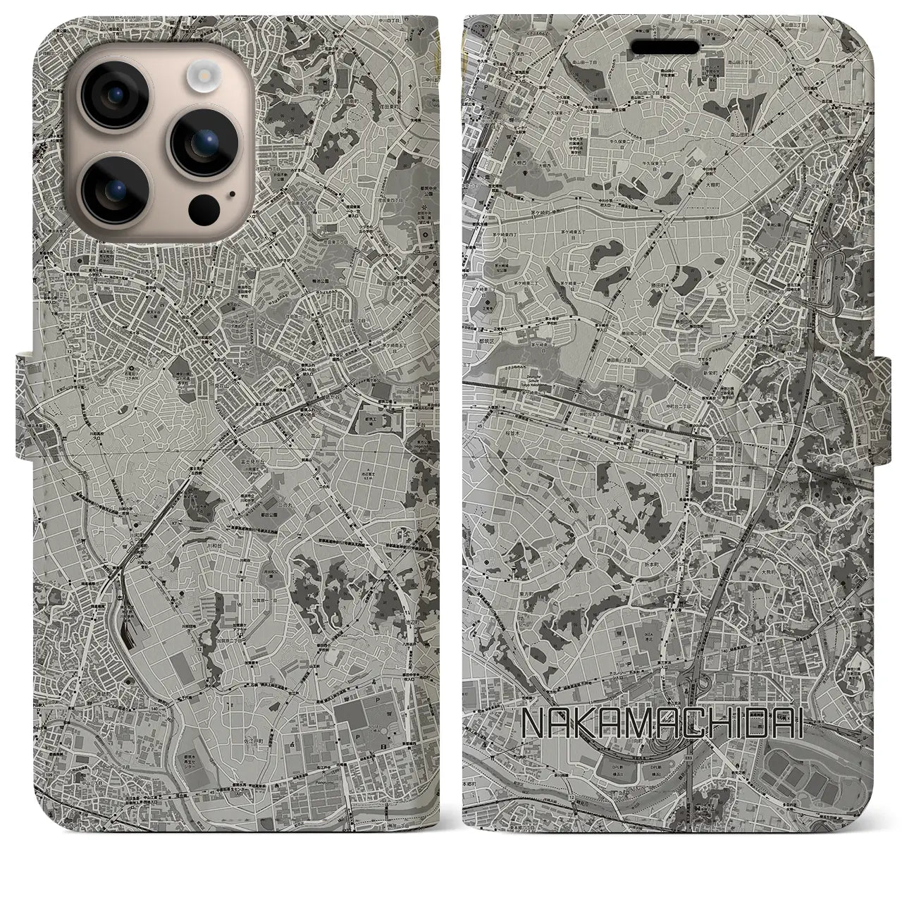 【仲町台(神奈川県)】地図柄iPhoneケース(手帳タイプ)モノトーン・iPhone 16 Plus 用