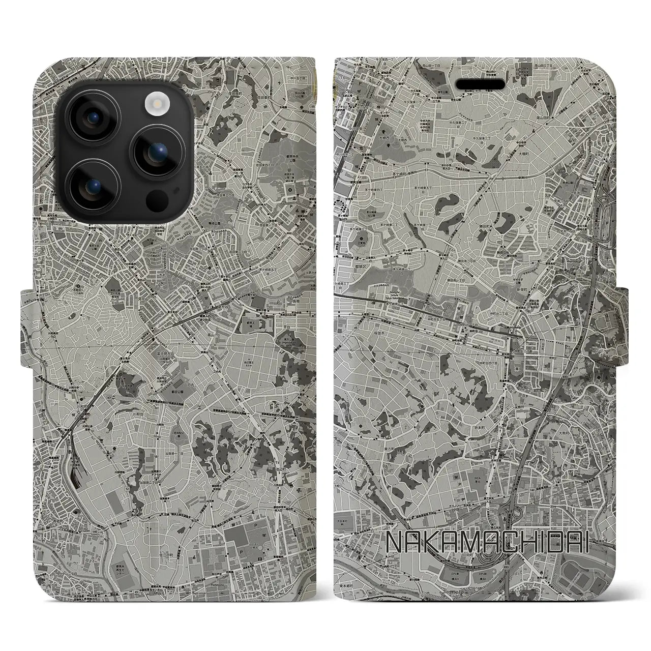 【仲町台(神奈川県)】地図柄iPhoneケース(手帳タイプ)モノトーン・iPhone 16 用