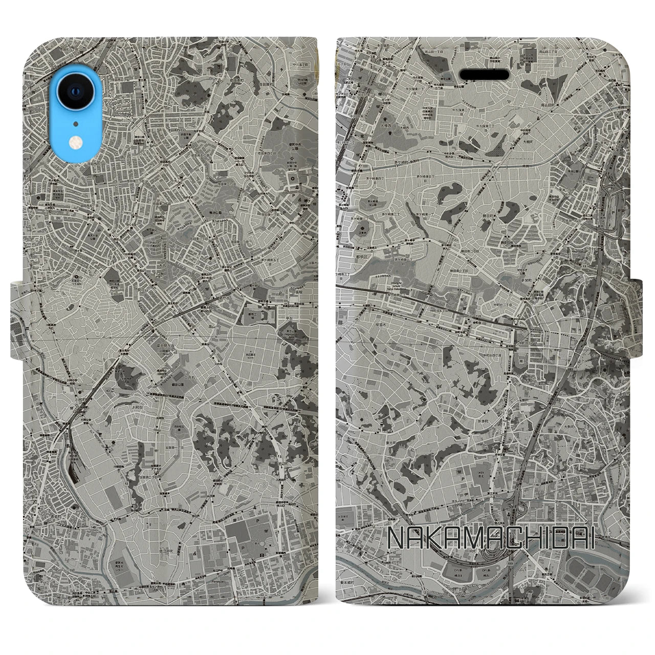 【仲町台(神奈川県)】地図柄iPhoneケース(手帳タイプ)モノトーン・iPhone XR 用