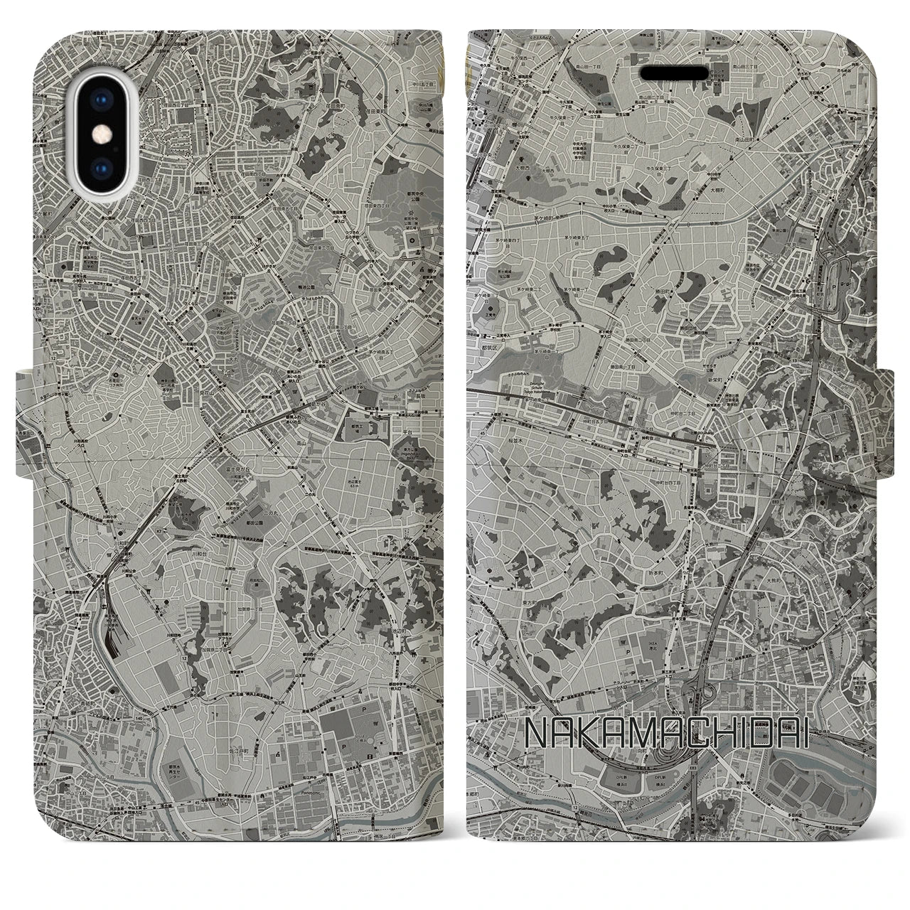 【仲町台(神奈川県)】地図柄iPhoneケース(手帳タイプ)モノトーン・iPhone XS Max 用