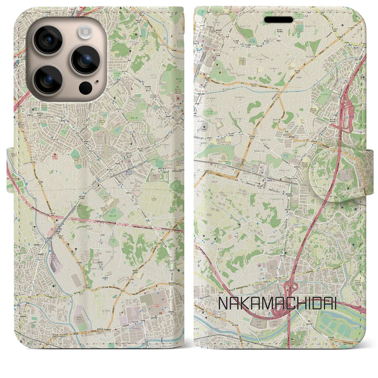 【仲町台(神奈川県)】地図柄iPhoneケース(手帳タイプ)ナチュラル・iPhone 16 Plus 用