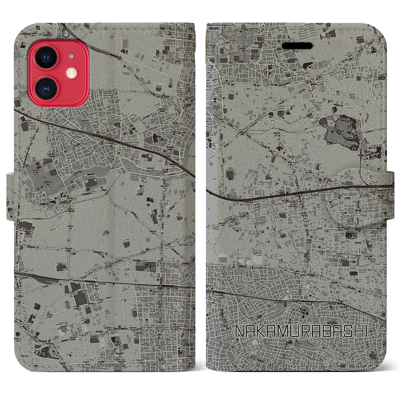 【中村橋(東京都)】地図柄iPhoneケース(手帳タイプ)モノトーン・iPhone 11 用