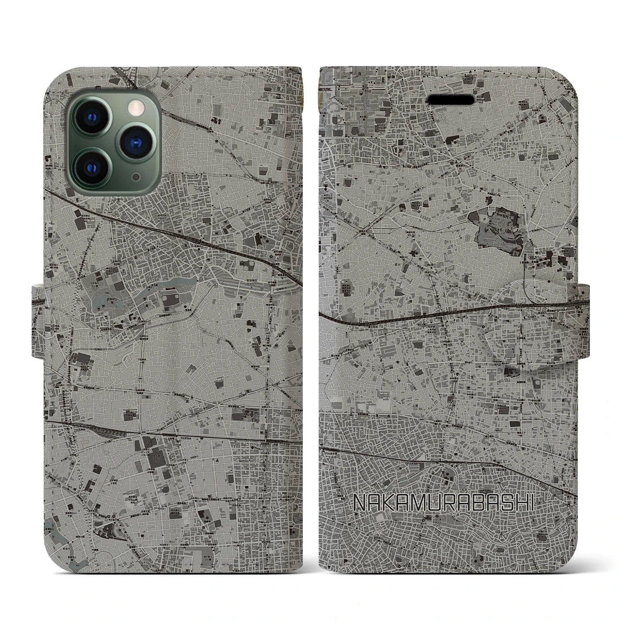 【中村橋(東京都)】地図柄iPhoneケース(手帳タイプ)モノトーン・iPhone 11 Pro 用