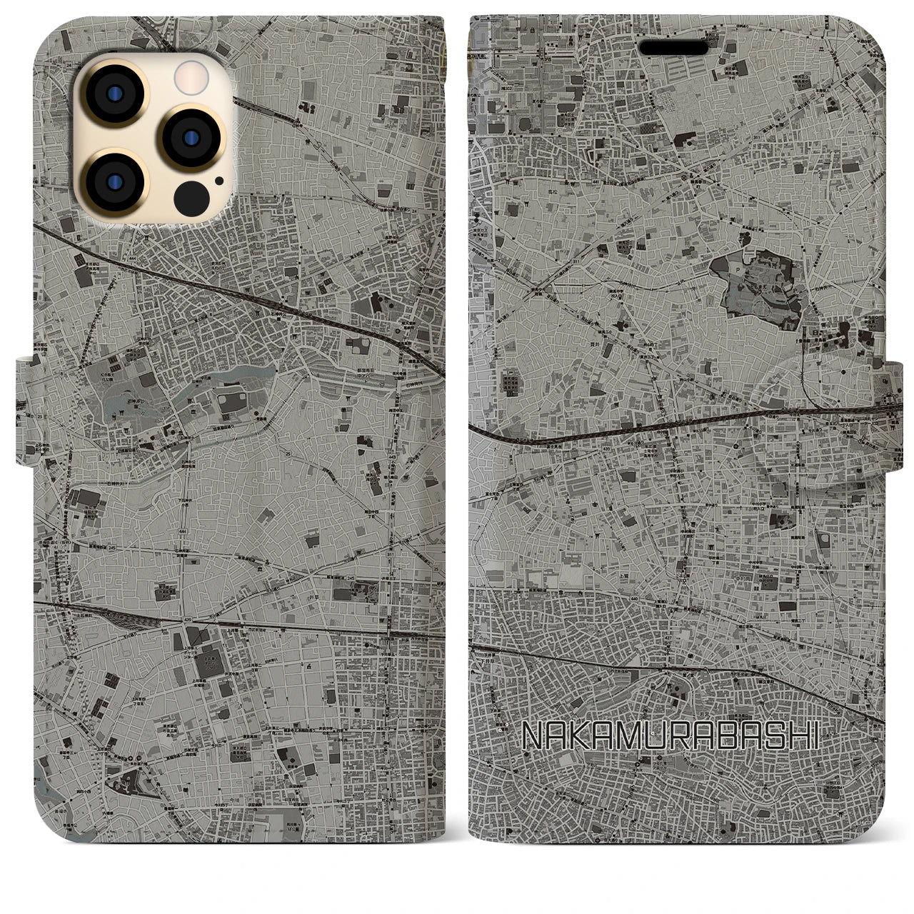 【中村橋(東京都)】地図柄iPhoneケース(手帳タイプ)モノトーン・iPhone 12 Pro Max 用
