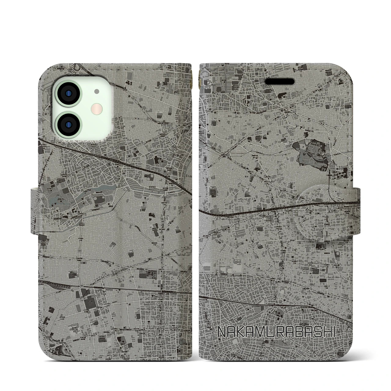 【中村橋(東京都)】地図柄iPhoneケース(手帳タイプ)モノトーン・iPhone 12 mini 用