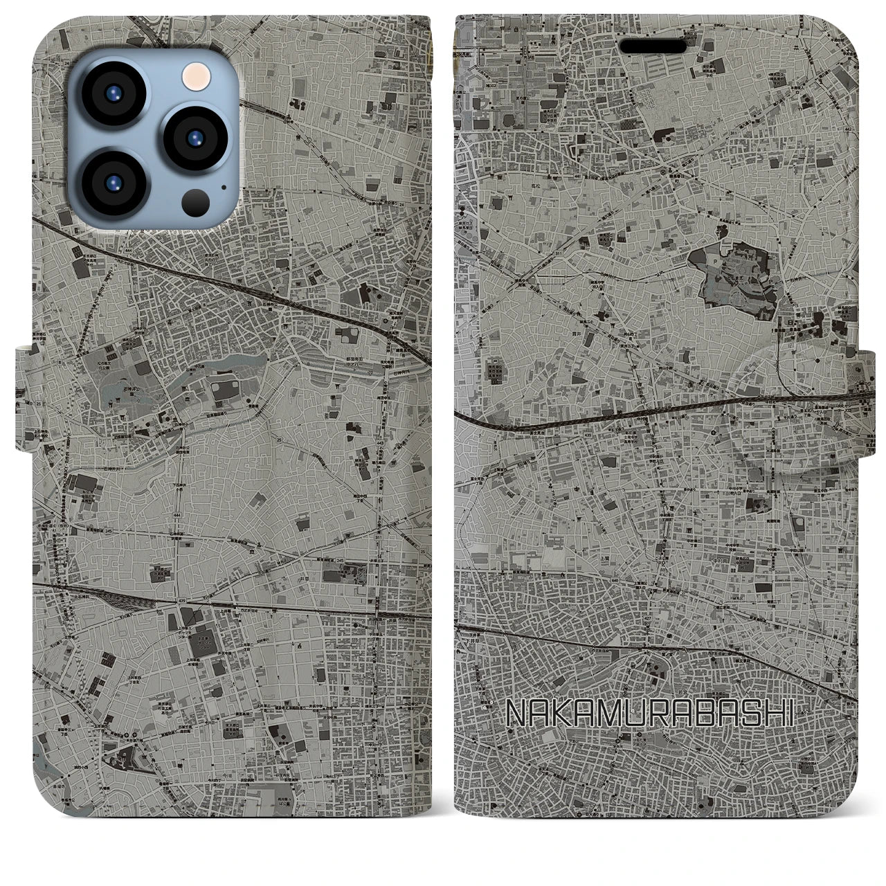 【中村橋(東京都)】地図柄iPhoneケース(手帳タイプ)モノトーン・iPhone 13 Pro Max 用