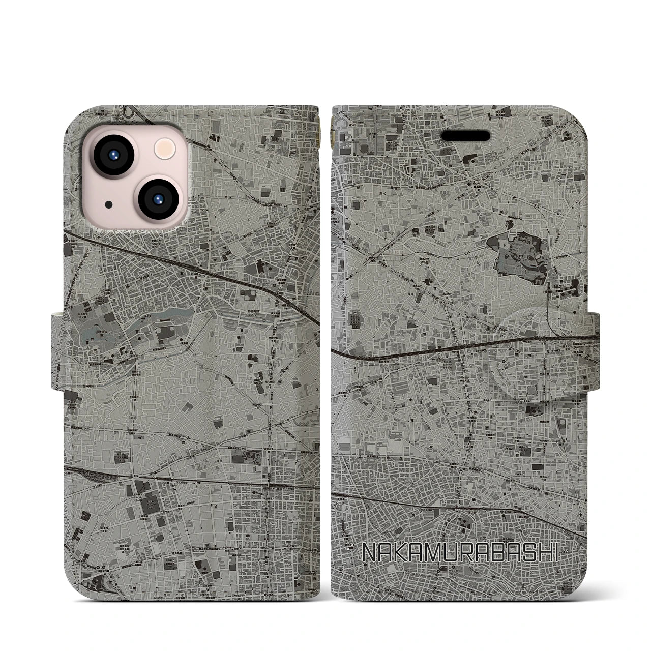 【中村橋(東京都)】地図柄iPhoneケース(手帳タイプ)モノトーン・iPhone 13 mini 用