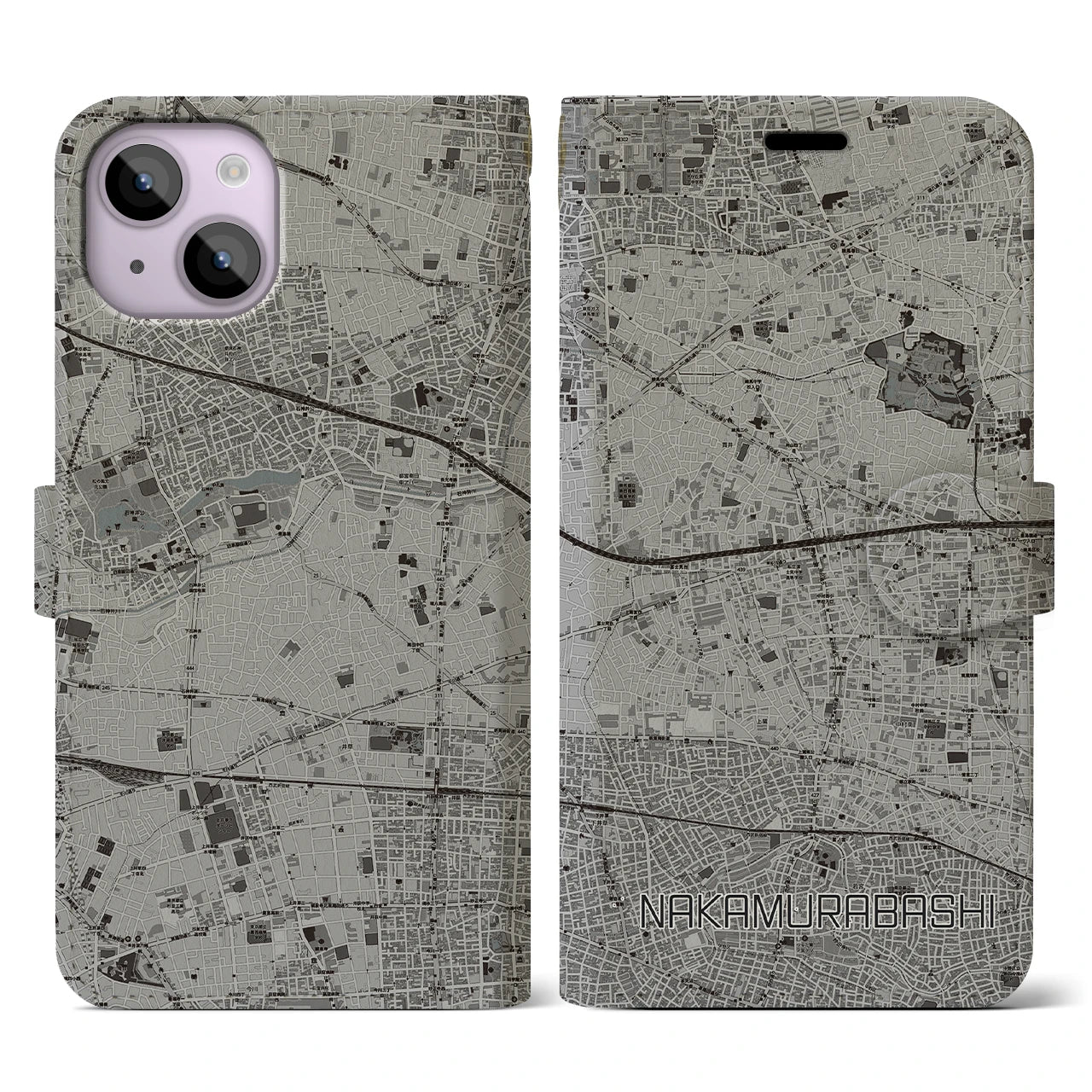 【中村橋(東京都)】地図柄iPhoneケース(手帳タイプ)モノトーン・iPhone 14 用