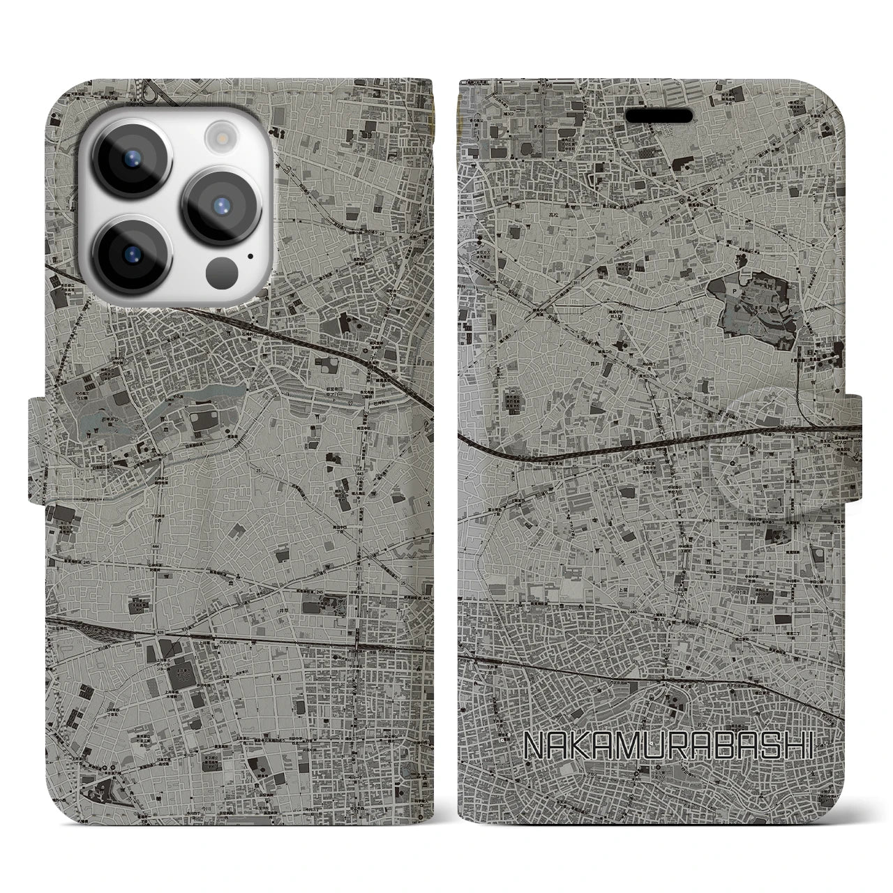 【中村橋(東京都)】地図柄iPhoneケース(手帳タイプ)モノトーン・iPhone 14 Pro 用