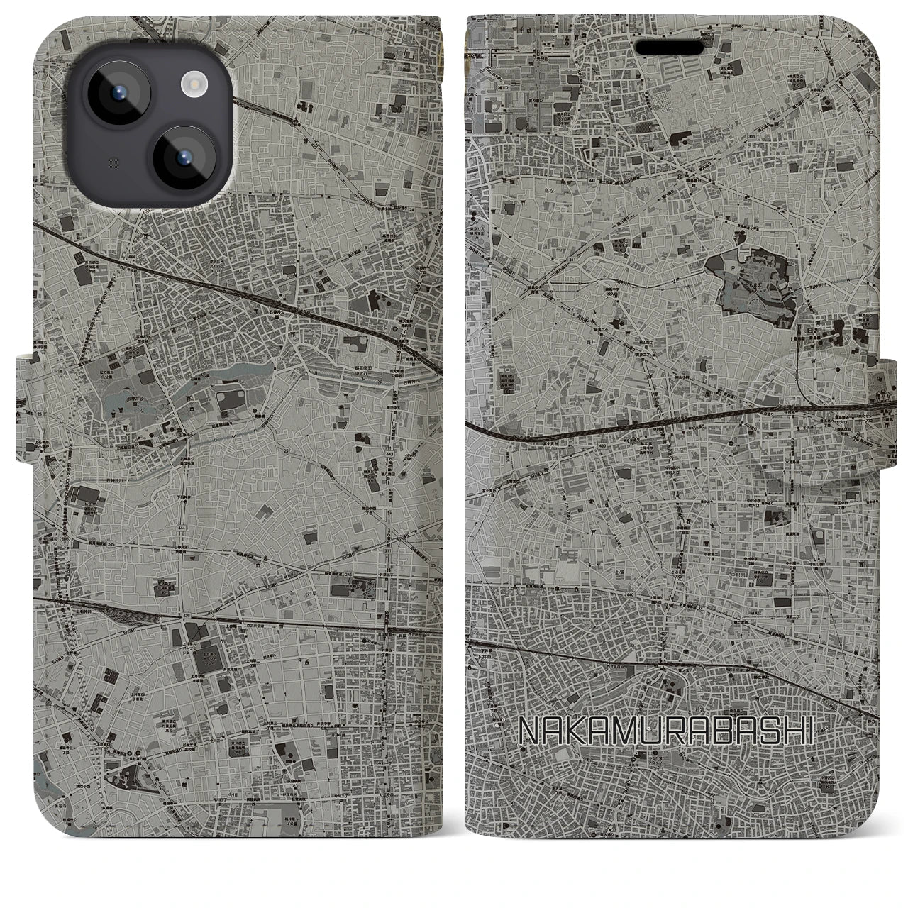 【中村橋(東京都)】地図柄iPhoneケース(手帳タイプ)モノトーン・iPhone 14 Plus 用