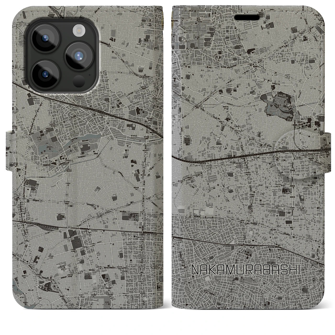 【中村橋(東京都)】地図柄iPhoneケース(手帳タイプ)モノトーン・iPhone 15 Pro Max 用