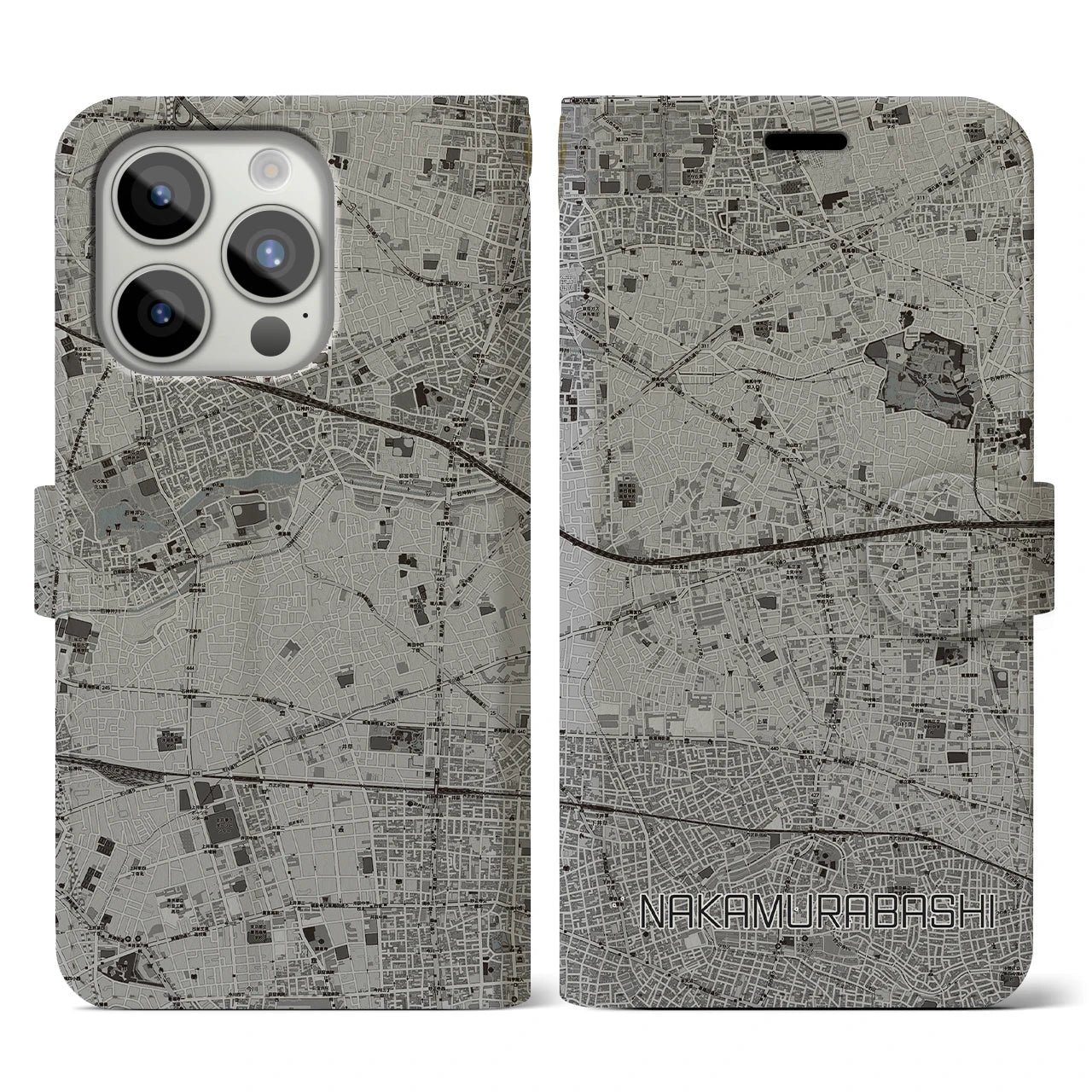 【中村橋(東京都)】地図柄iPhoneケース(手帳タイプ)モノトーン・iPhone 15 Pro 用