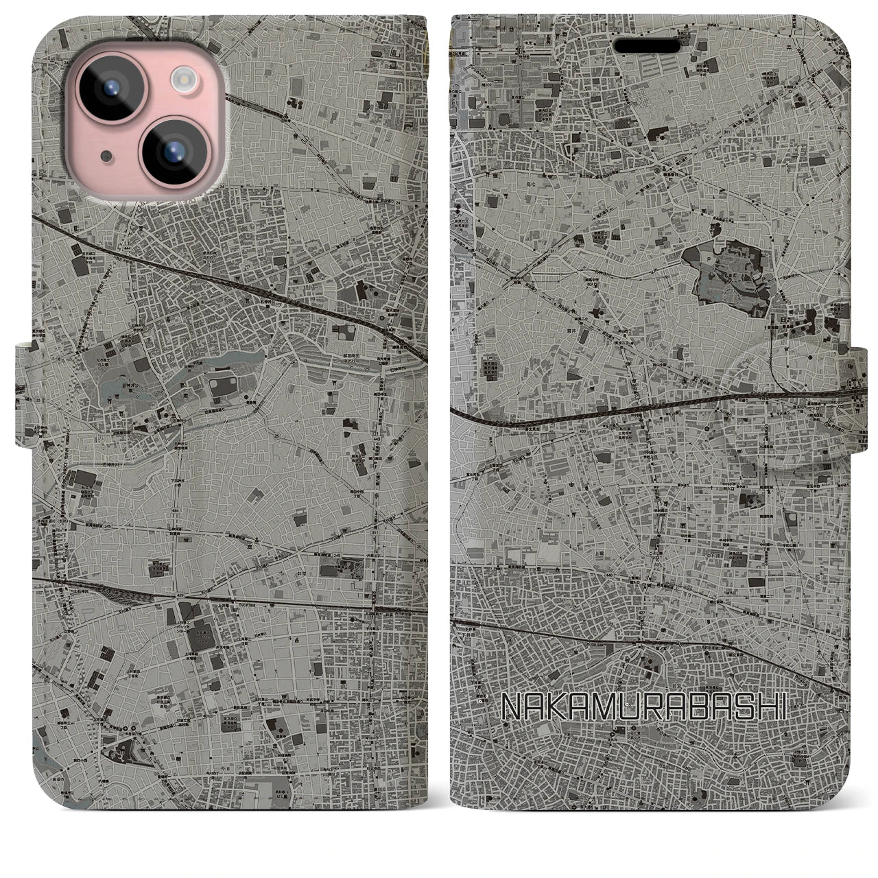【中村橋(東京都)】地図柄iPhoneケース(手帳タイプ)モノトーン・iPhone 15 Plus 用