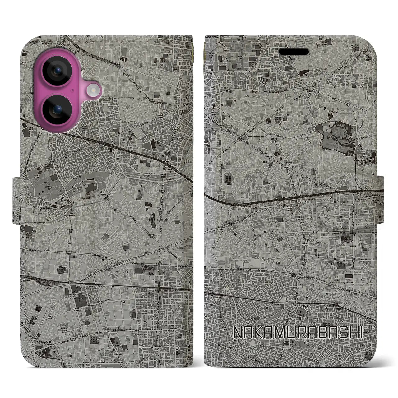 【中村橋(東京都)】地図柄iPhoneケース(手帳タイプ)モノトーン・iPhone 16 Pro 用