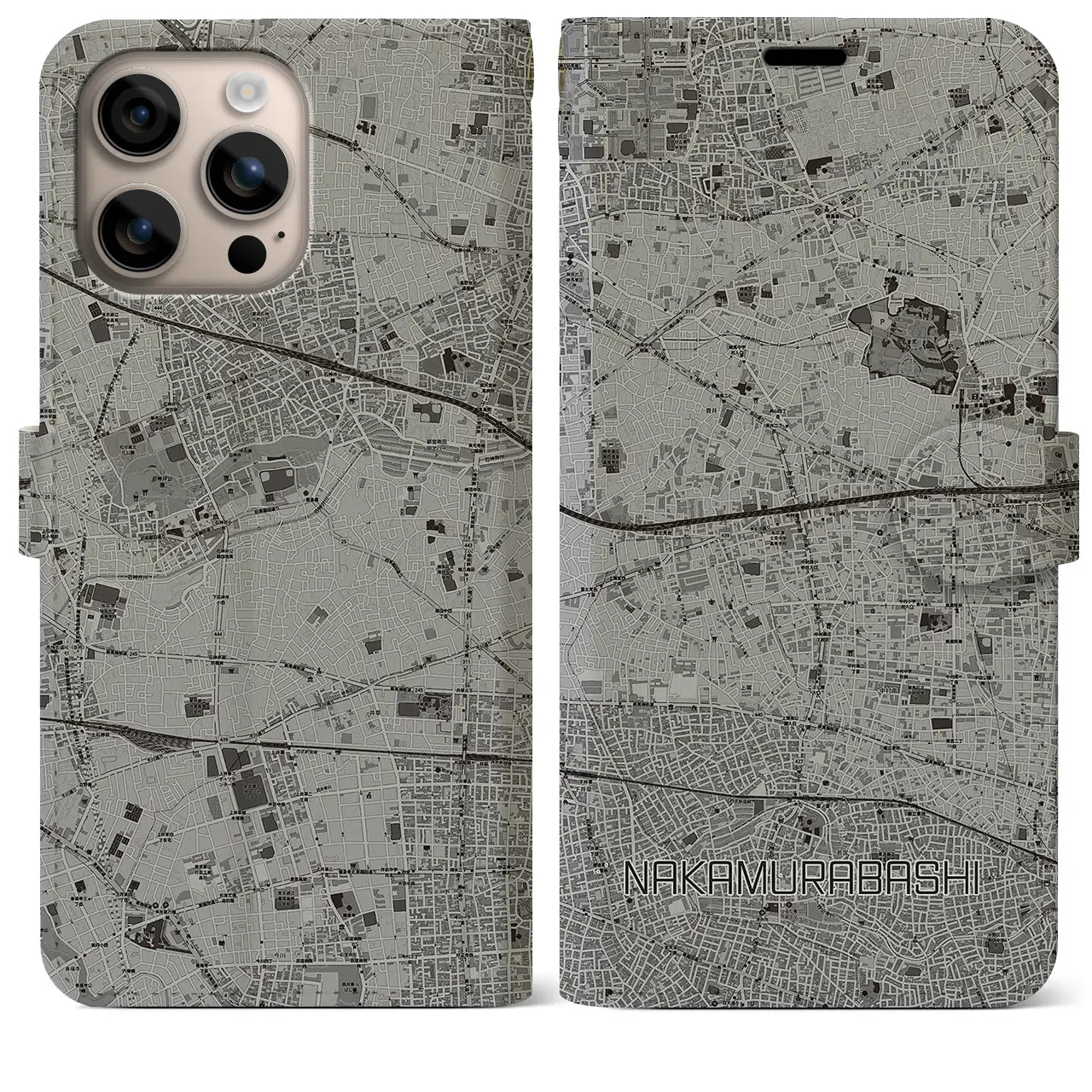 【中村橋(東京都)】地図柄iPhoneケース(手帳タイプ)モノトーン・iPhone 16 Plus 用