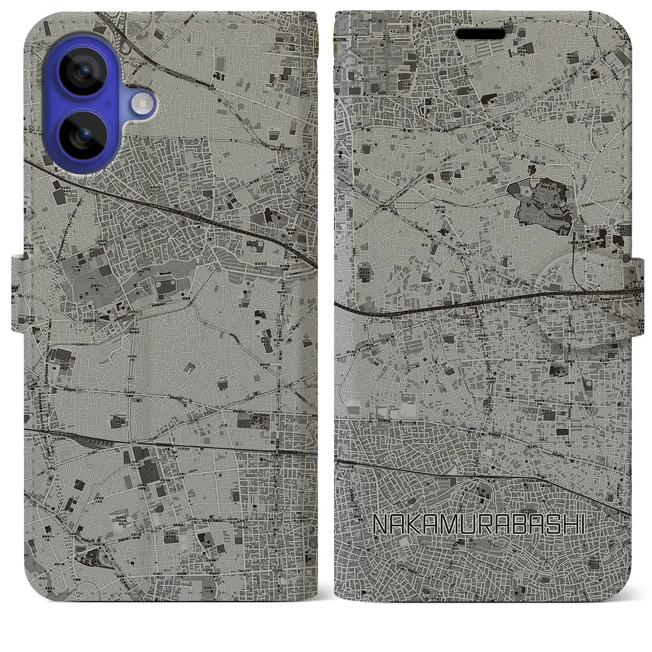 【中村橋(東京都)】地図柄iPhoneケース(手帳タイプ)モノトーン・iPhone 16 Pro Max 用