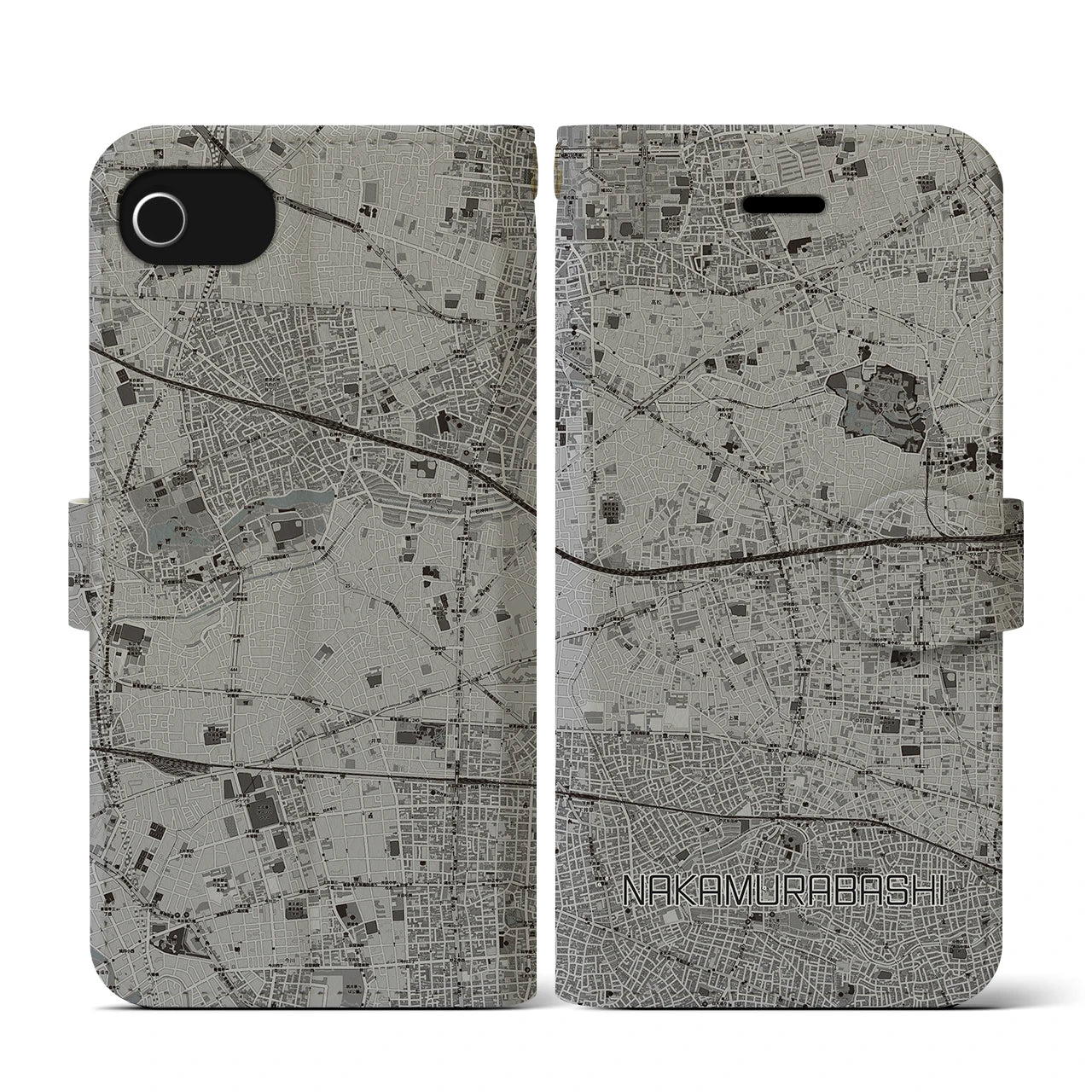【中村橋(東京都)】地図柄iPhoneケース(手帳タイプ)モノトーン・iPhone SE(第3 / 第2世代) / 8 / 7 / 6s / 6 用