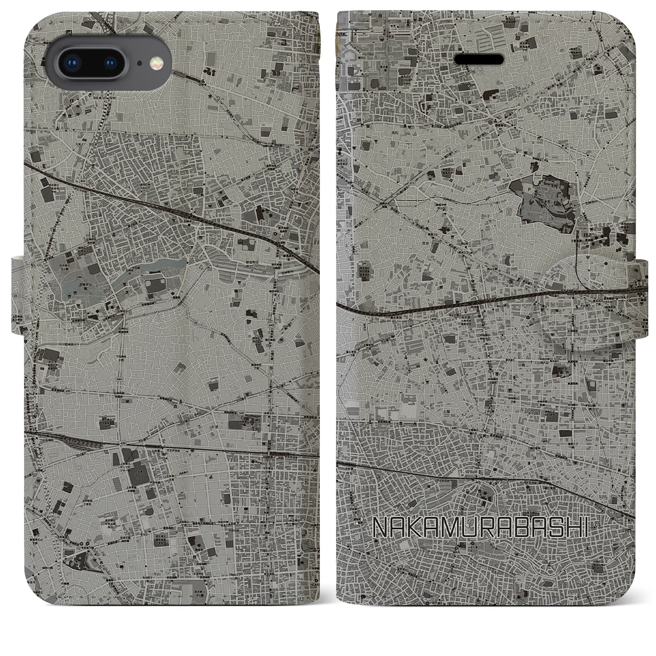 【中村橋(東京都)】地図柄iPhoneケース(手帳タイプ)モノトーン・iPhone 8Plus /7Plus / 6sPlus / 6Plus 用
