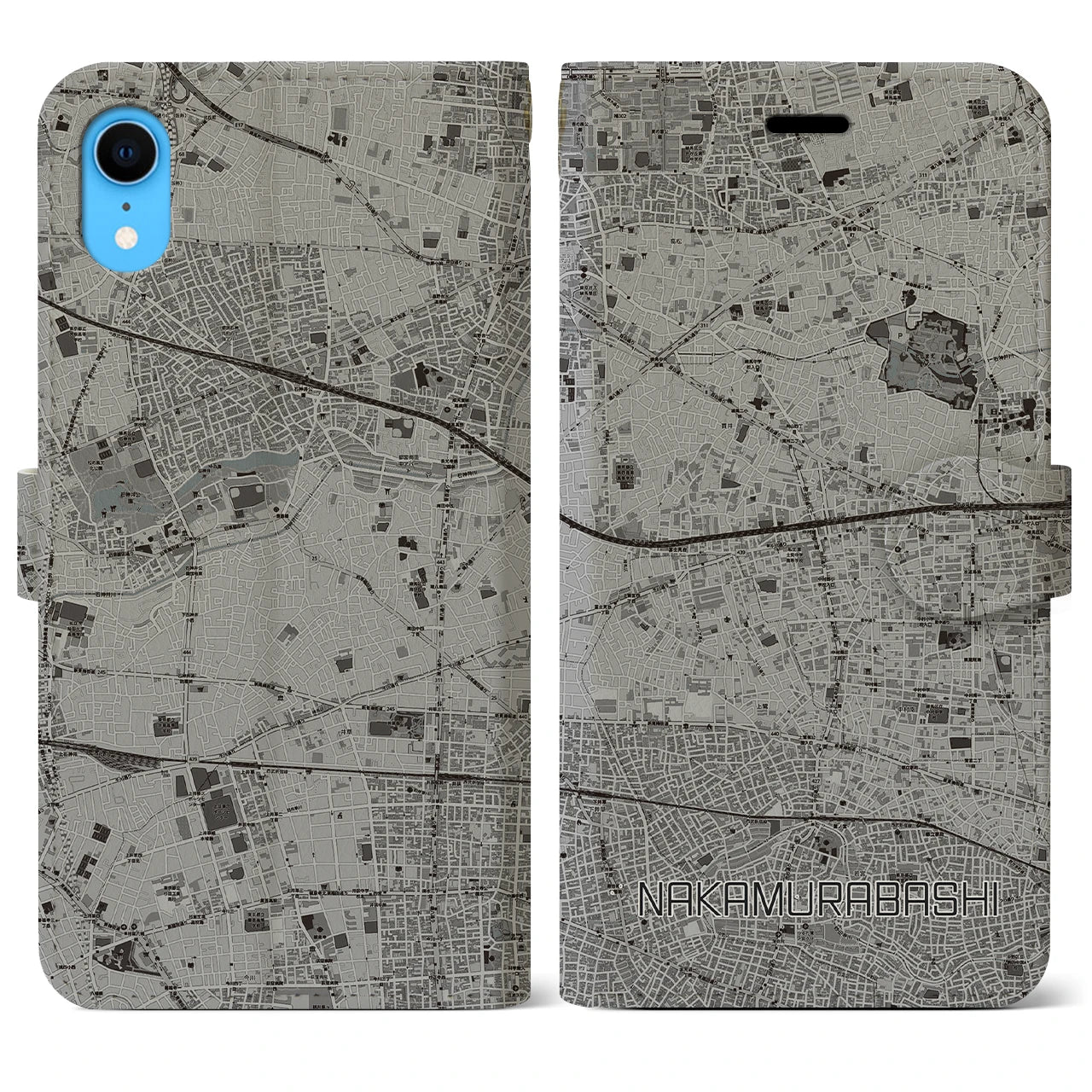 【中村橋(東京都)】地図柄iPhoneケース(手帳タイプ)モノトーン・iPhone XR 用
