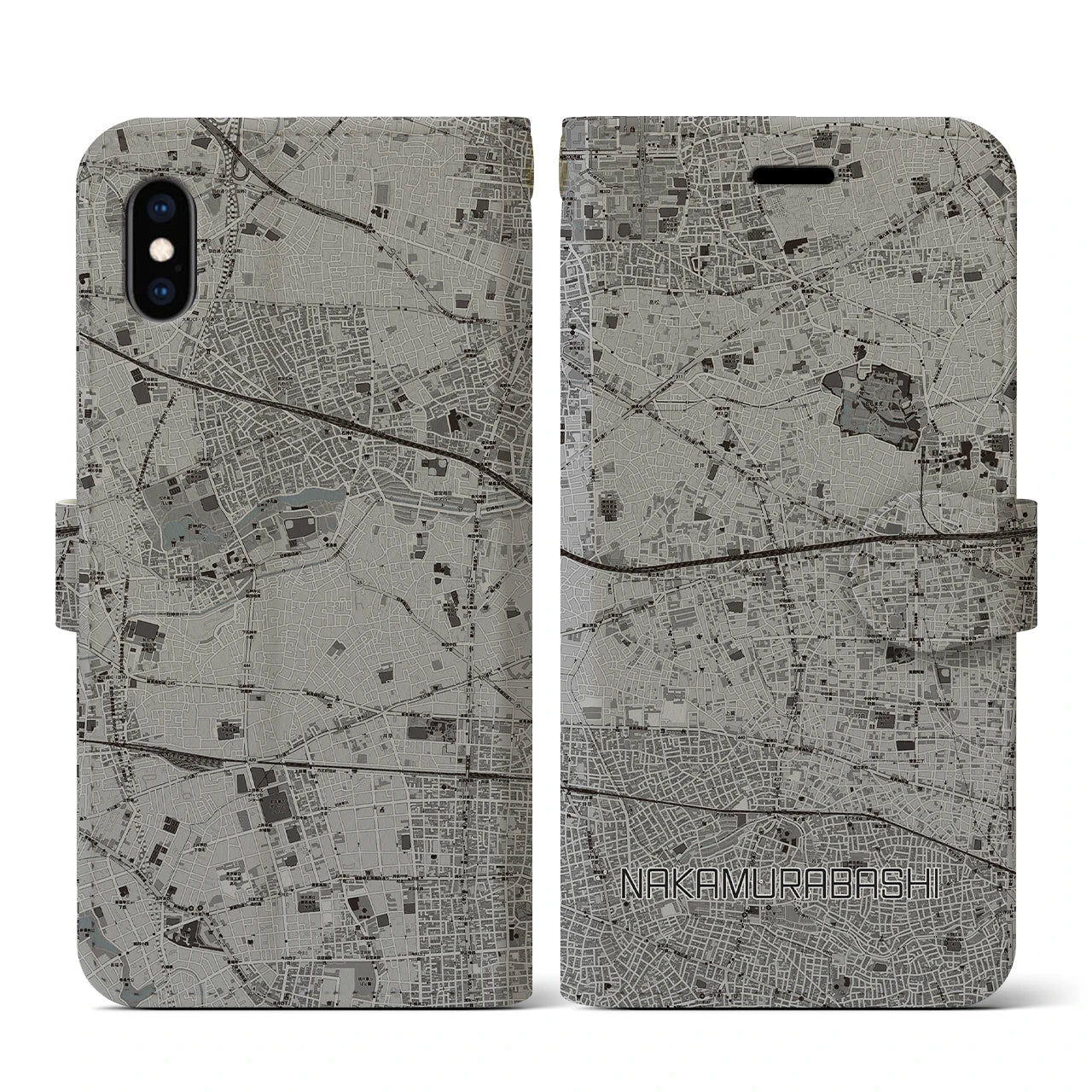 【中村橋(東京都)】地図柄iPhoneケース(手帳タイプ)モノトーン・iPhone XS / X 用