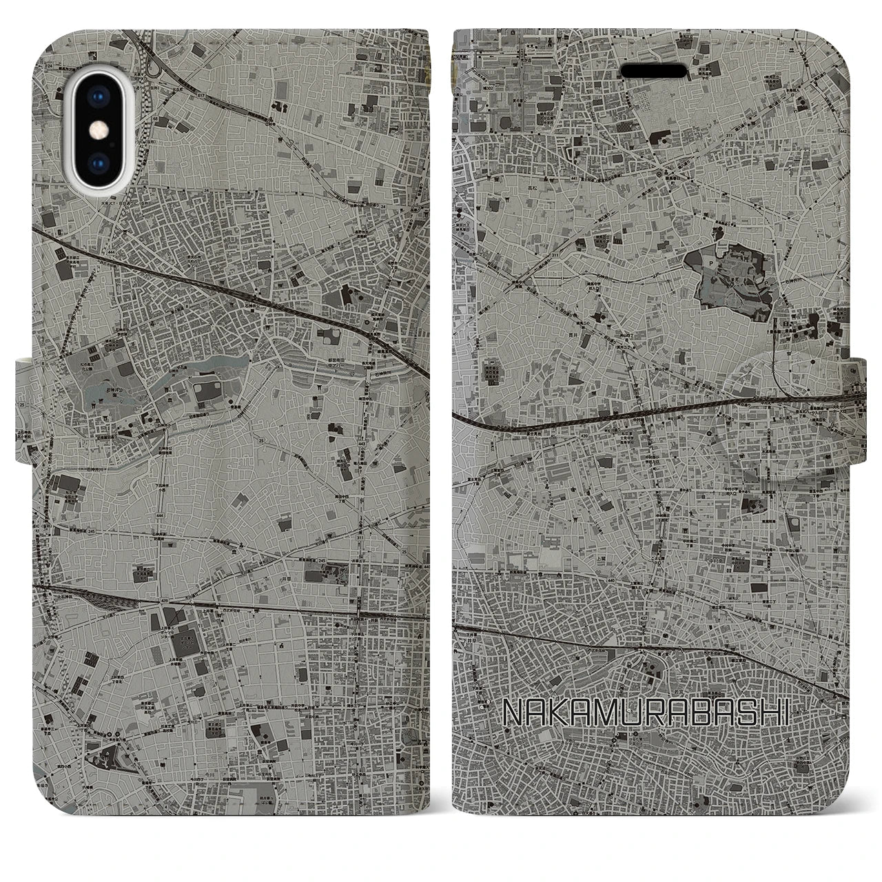 【中村橋(東京都)】地図柄iPhoneケース(手帳タイプ)モノトーン・iPhone XS Max 用