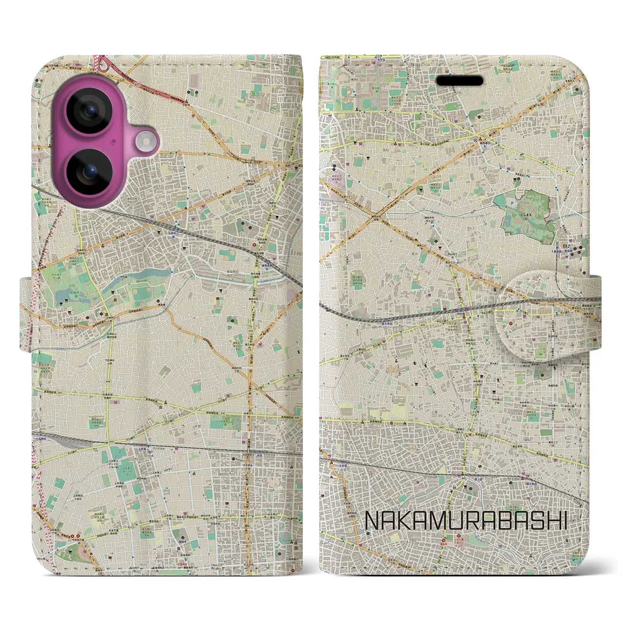 【中村橋(東京都)】地図柄iPhoneケース(手帳タイプ)ナチュラル・iPhone 16 Pro 用