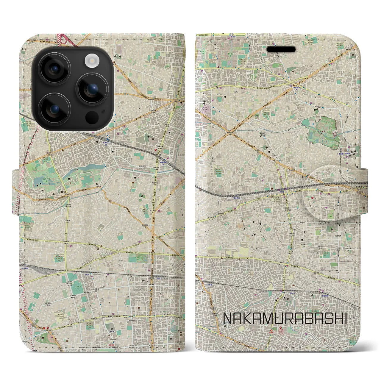【中村橋(東京都)】地図柄iPhoneケース(手帳タイプ)ナチュラル・iPhone 16 用