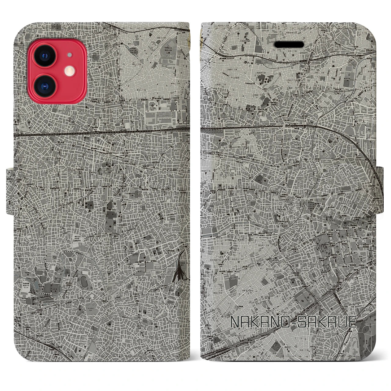 【中野坂上(東京都)】地図柄iPhoneケース(手帳タイプ)モノトーン・iPhone 11 用