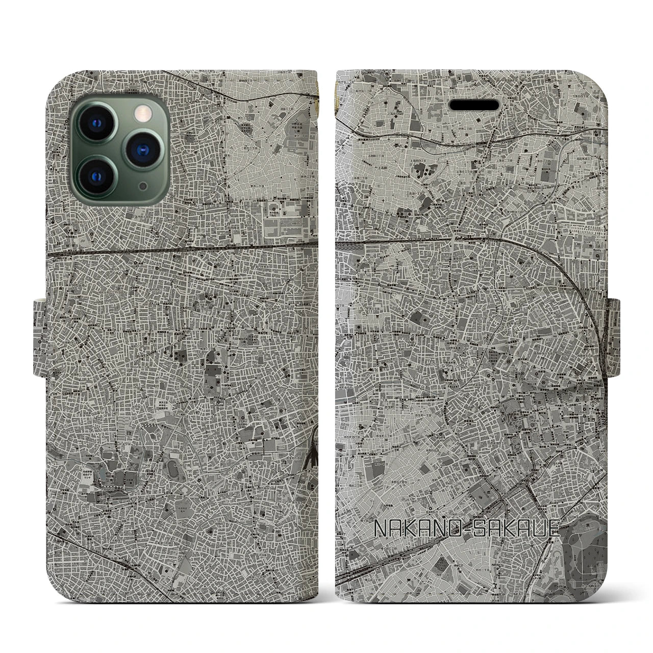 【中野坂上(東京都)】地図柄iPhoneケース(手帳タイプ)モノトーン・iPhone 11 Pro 用